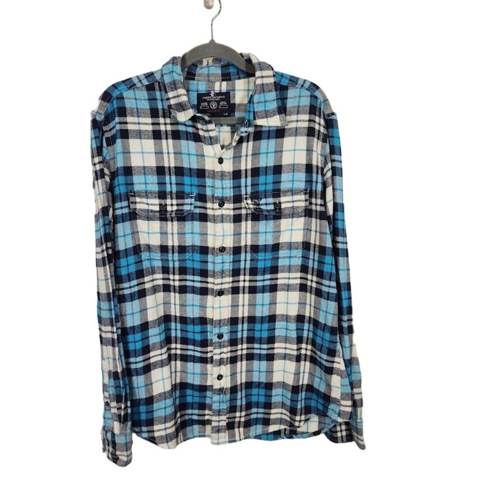 American Eagle Men's Plaid Flannel Button Down Shirt in Blue -‎ Size Large
